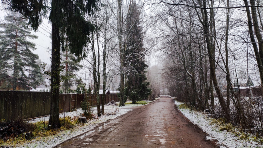 Загородная дорога вдоль заборов после первого снегопада