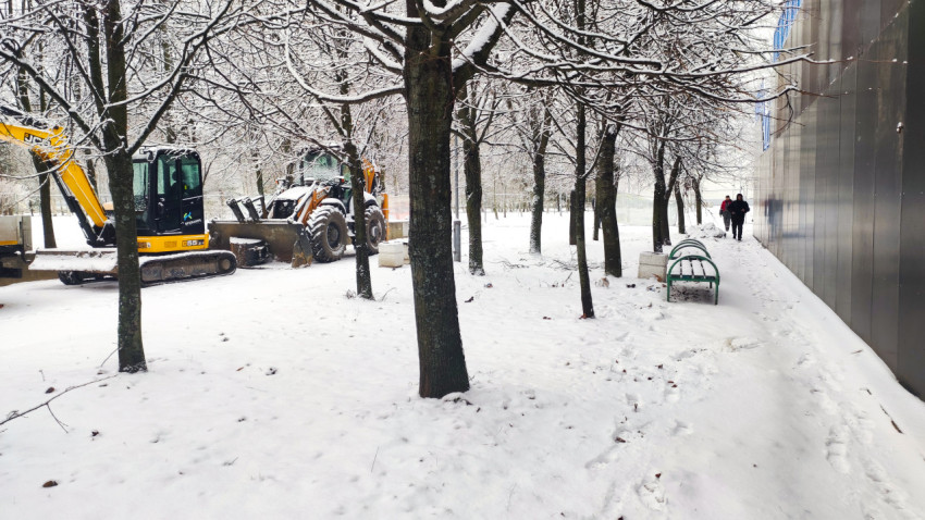 Стройтехника на зимней площадке рядом с деревьями