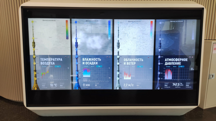 Информационный экран с погодными данными в Останкинской башне