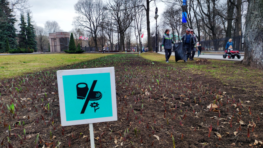 Весенняя клумба с предупреждающим знаком в городском парке