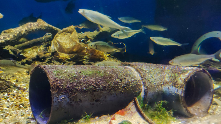 Рыбная стая возле пластиковых труб на дне аквариума