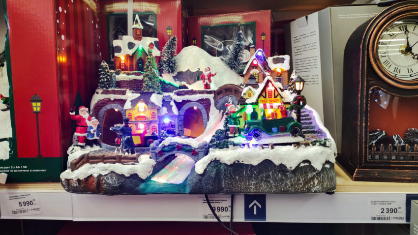 Декоративная композиция в рождественском стиле на полке магазина