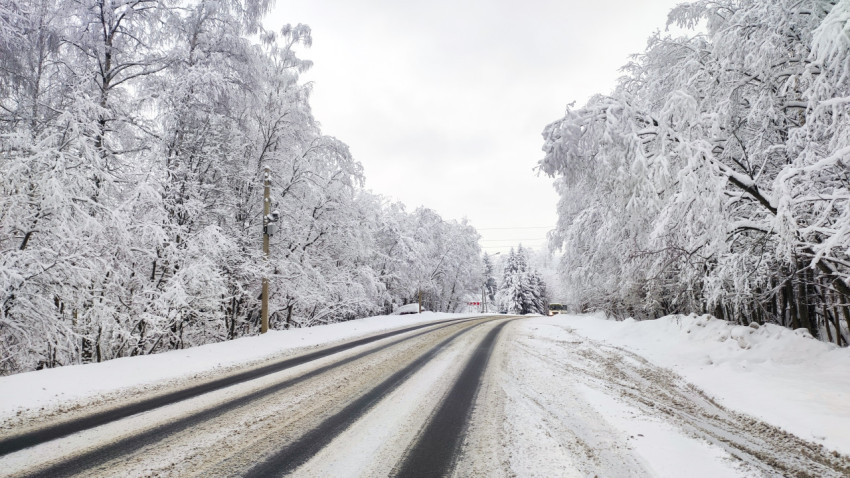 Снежная лесная дорога на повороте