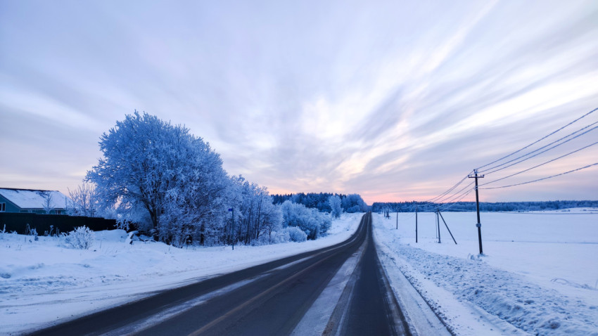 Зимняя дорога с линией электропередачи и лесом на горизонте