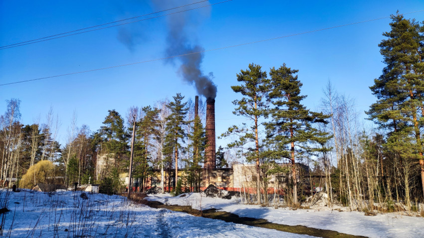 Промышленная труба с дымом среди зимнего леса