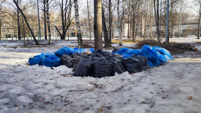 Уборка парковой территории весной — мешки с мусором на снегу