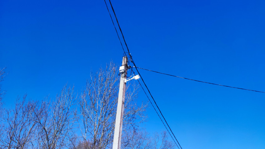 Электроопора с распределительным узлом на фоне зимних деревьев