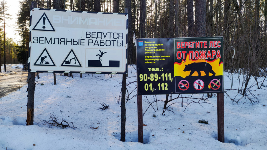 Знаки безопасности на обочине зимней дороги в Ленинградской области