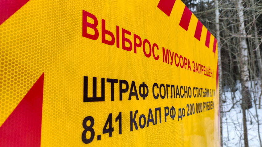 Предупреждающий знак «Выброс мусора запрещён» на фоне зимнего леса