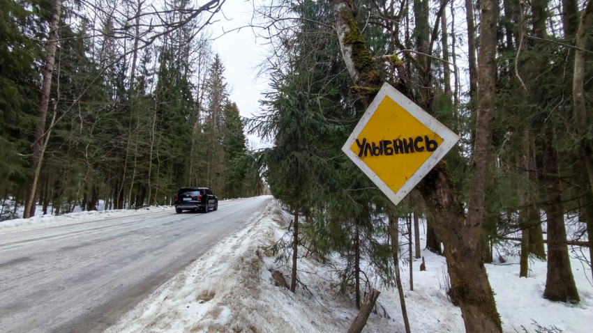 Знак «Улыбнись» у дороги среди зимнего леса