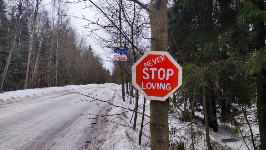 Самодельный знак «Never Stop Loving» на фоне зимней дороги