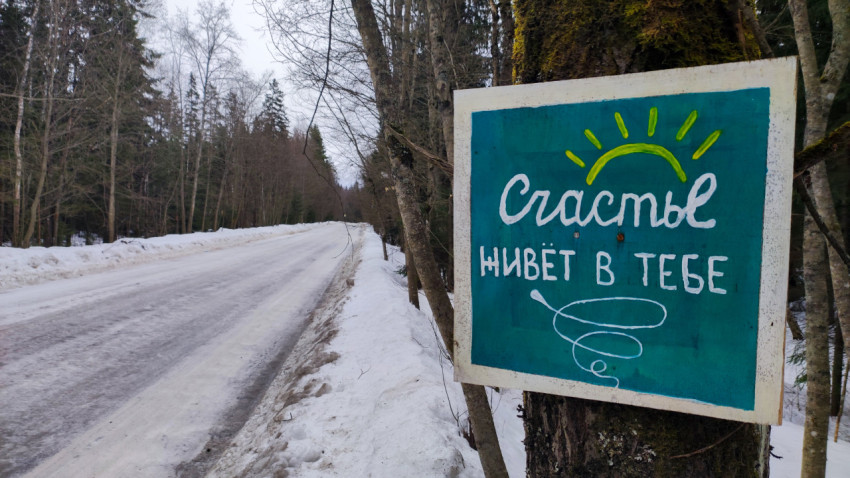 Мотивационный плакат на дереве вдоль заснежённой дороги