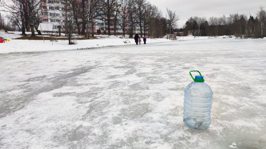 Пластиковая бутылка на льду замерзшего пруда зимой