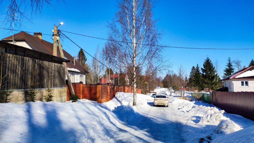 Загородная улица с жилыми домами и припаркованным автомобилем