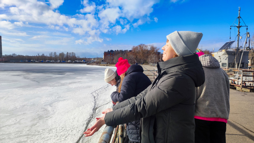 Прогулка у замерзшей воды в солнечный день