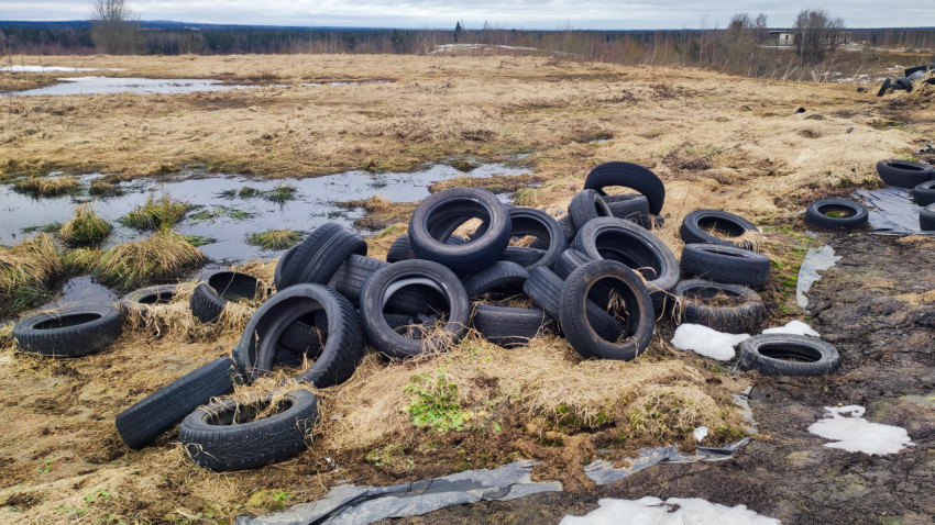 Куча старых шин рядом с силосным хранилищем в поле