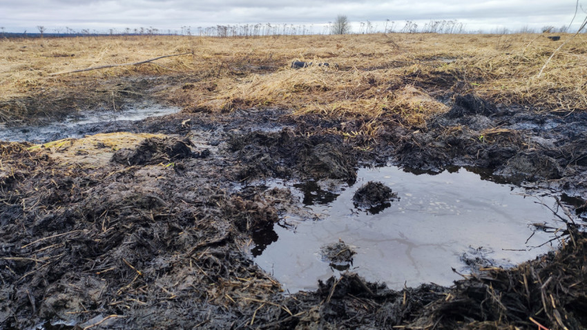 Остатки силоса и лужа на фоне осеннего сельского ландшафта