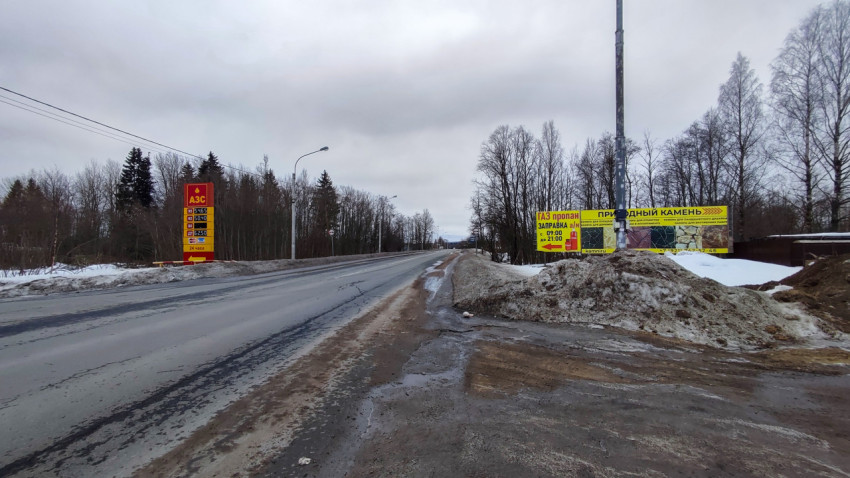 Загородная АЗС и рекламный щит у зимней дороги