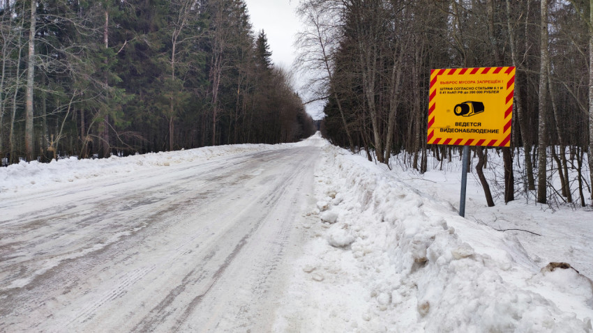 Дорога в зимнем лесу с предупреждающим знаком о запрете мусора