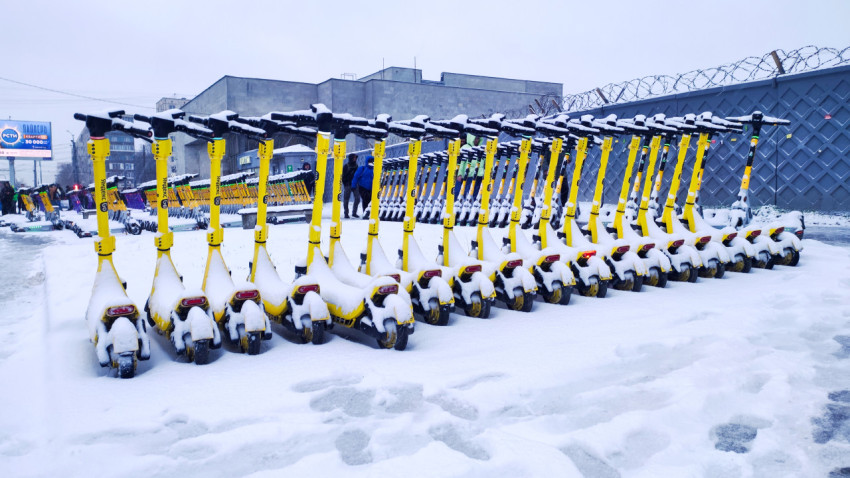 Ряды жёлтых электросамокатов под снегом на городской площадке