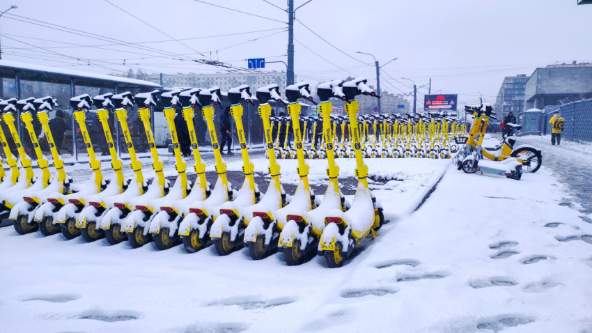 Ряды заснеженных электросамокатов у городской остановки