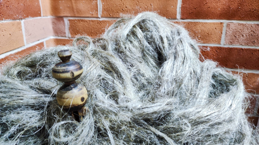 Пучок льняного волокна с деревянным прялочным элементом