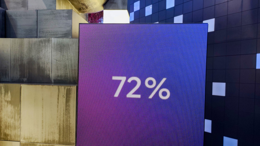 Светодиодный экран с показателем 72% на фоне выставочной конструкции
