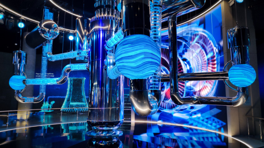 Световая конструкция с металлическими трубами в экспозиции павильона «АТОМ»