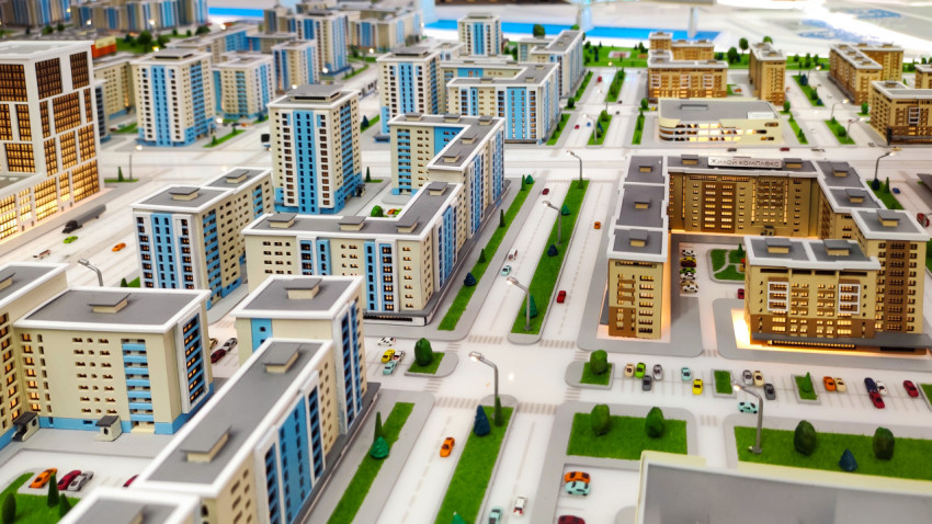 Макет современного жилого района с многоэтажной застройкой