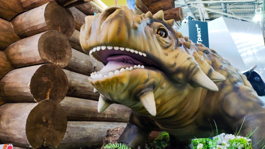 Крупный план модели парейазавра у деревянной инсталляции