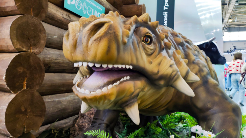 Крупный план модели парейазавра на региональном стенде Кировской области