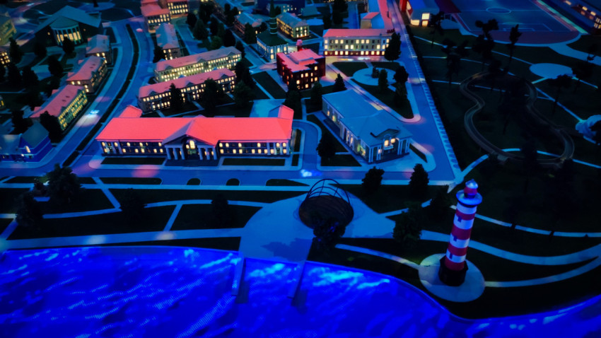 Центральный квартал макета «Атомграда» в экспозиции павильона «АТОМ»