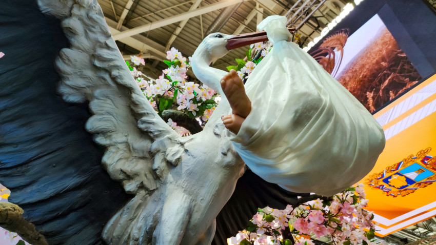 Декоративная инсталляция аиста с символическим узлом в выставочном павильоне