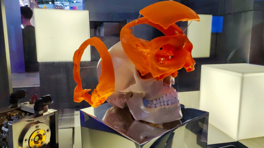 Макет черепа с 3D-печатными элементами на выставочном стенде