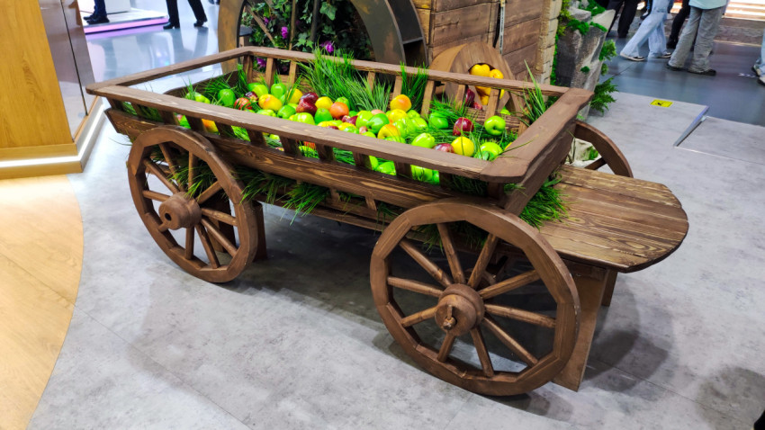 Декоративная телега с яблоками на выставочной площадке