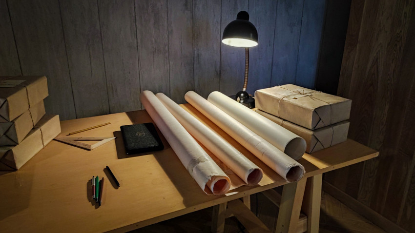 Рабочий стол с чертежами в павильоне «АТОМ» на ВДНХ