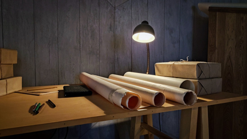 Инженерная зона с рулонами чертежей в павильоне «АТОМ»