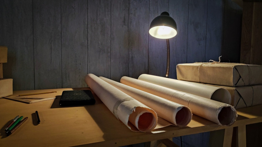 Рабочий стол с рулонами чертежей и настольной лампой в павильоне «Атом»