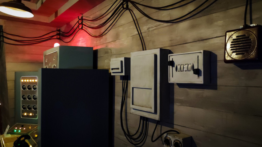 Фрагмент стены с кабельными линиями и распределительными блоками