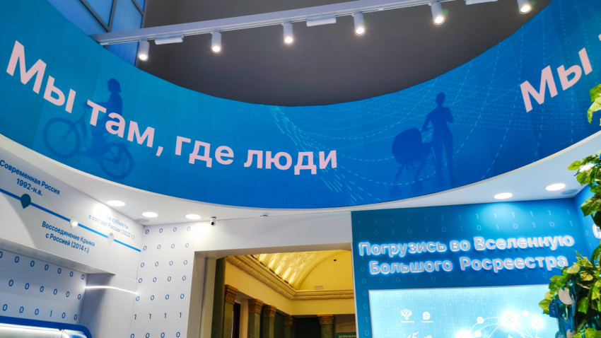 Медиапанель Росреестра с временной шкалой и посетителями экспозиции