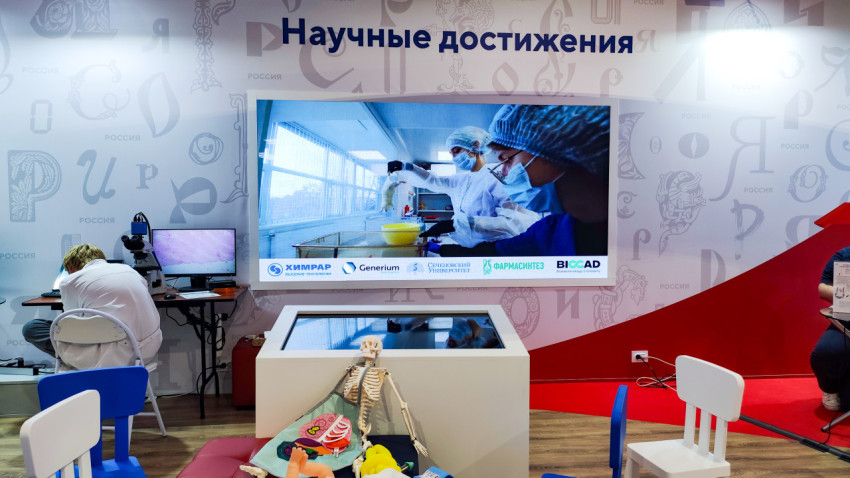 Демонстрационная зона с видеопанелью и анатомическими моделями