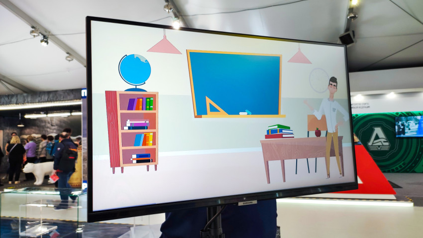 Анимационный обучающий ролик на экране в павильоне выставки «Россия»