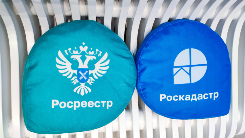 Фирменные подушки Росреестра и Роскадастра на выставочной лавке