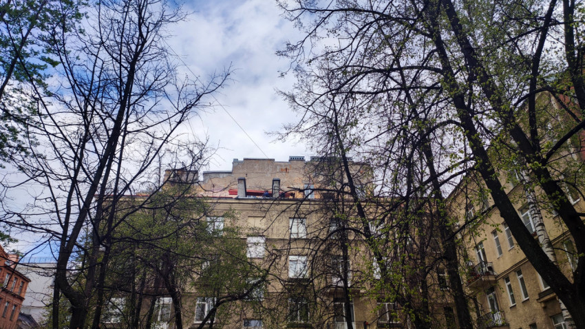 Жилой дом среди деревьев в городском дворе