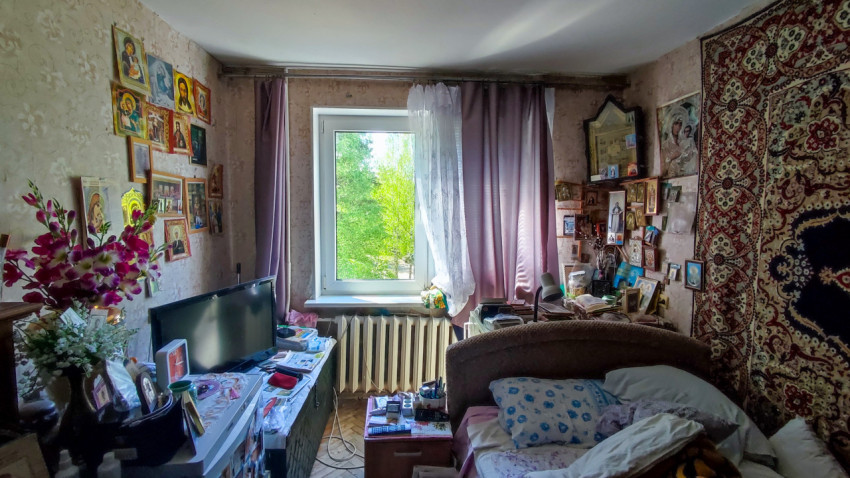 Жилая комната с телевизором, иконами и настенным ковром