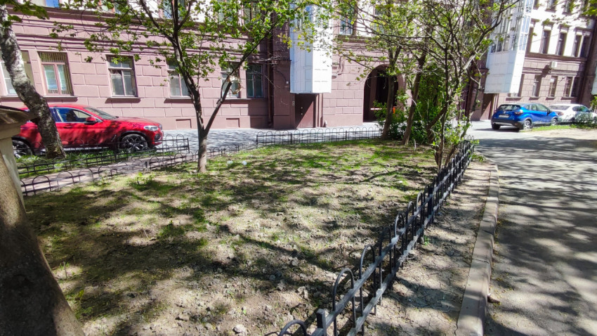 Озеленённая часть двора с деревьями и припаркованными автомобилями