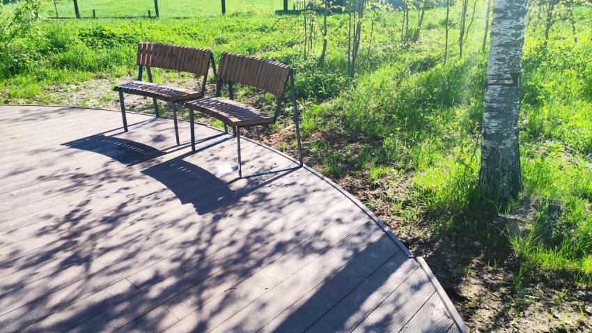 Лавочки на деревянной площадке в тени деревьев