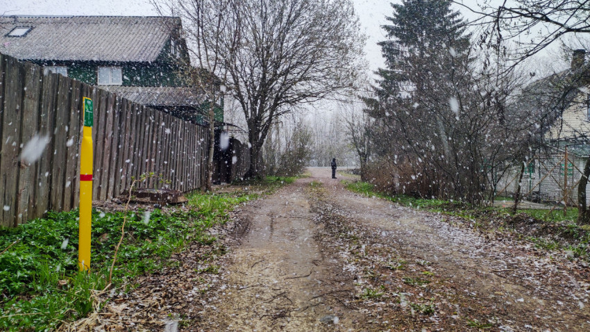 Дачная улица с человеком вдалеке во время снегопада
