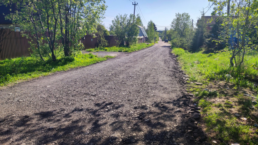 Просёлочная улица частного сектора со щебёночным покрытием и растительностью вдоль обочин