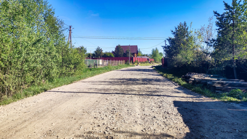 Грунтовая дорога между заборами и зелеными насаждениями